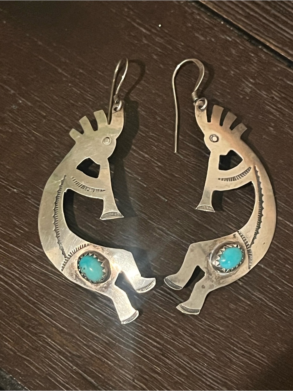 Signed Tom Taylor “TT Sterling” Silver Kokopelli Earrings with Turquoise Stones